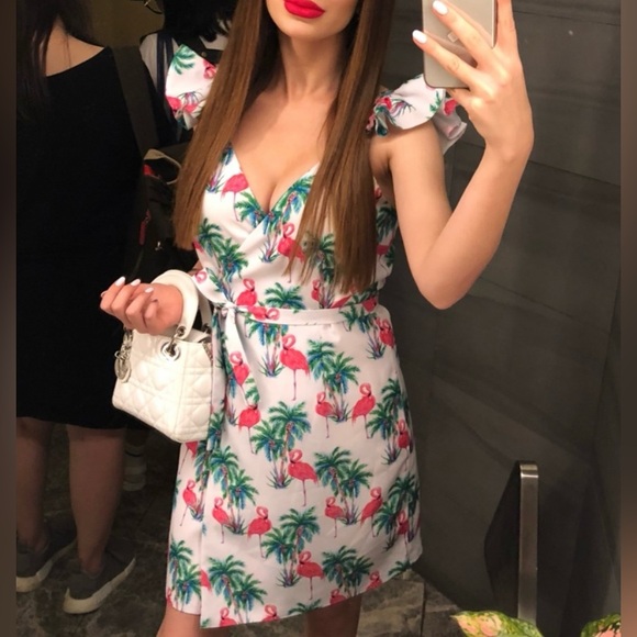 Tropical Flamingo Print Wrap Dress with Ruffled Straps - Size S - Picture 5 of 6